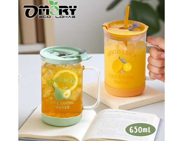 【OMORY】果漾玻璃把手吸管杯650ml