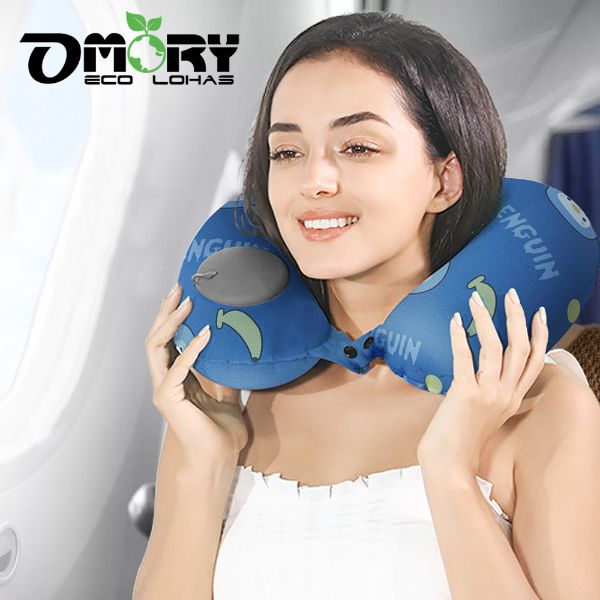 【OMORY】印花涼感按壓充氣頸枕(附收納袋)