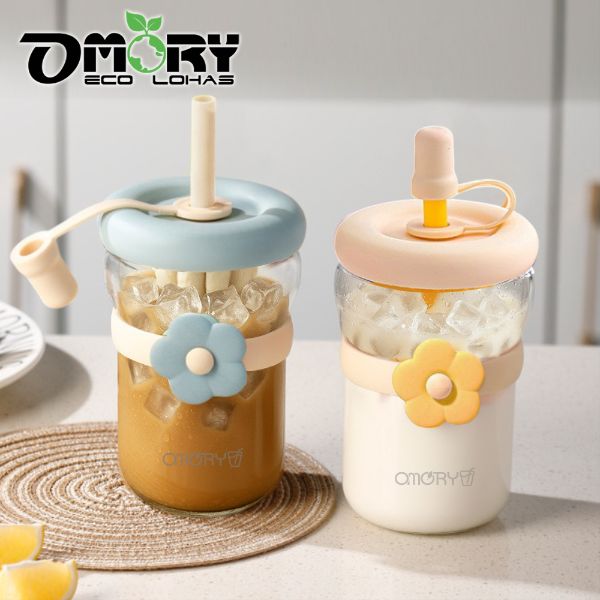 【OMORY】花漾玻璃吸管杯500ML附茶隔