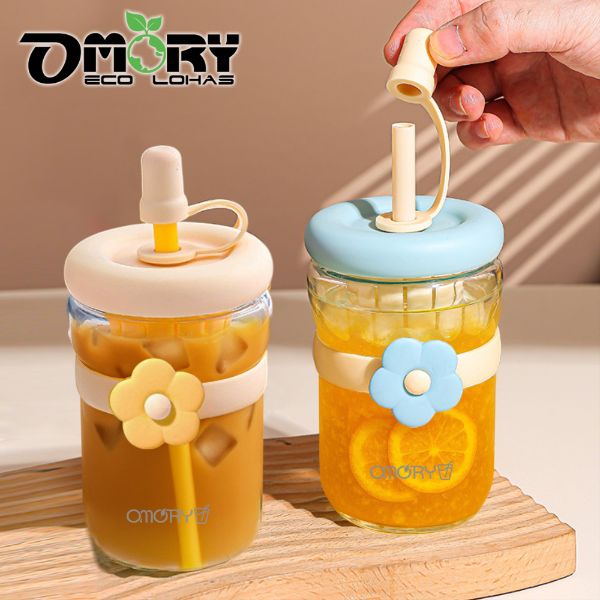 【OMORY】花漾玻璃吸管杯500ML附茶隔